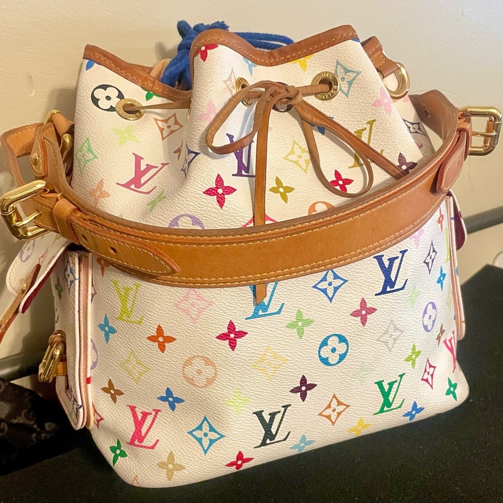 LOUIS VUITTON Takashi Murakami Multicolour Monogram Petit Noe White Shoulder Bag
